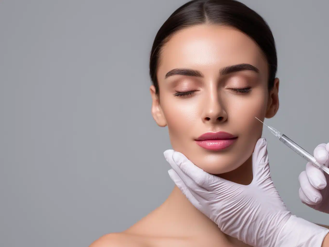 Woman gets beauty facial injections Doctor injecting botox into forehead of beautiful woman in a beauty clinic